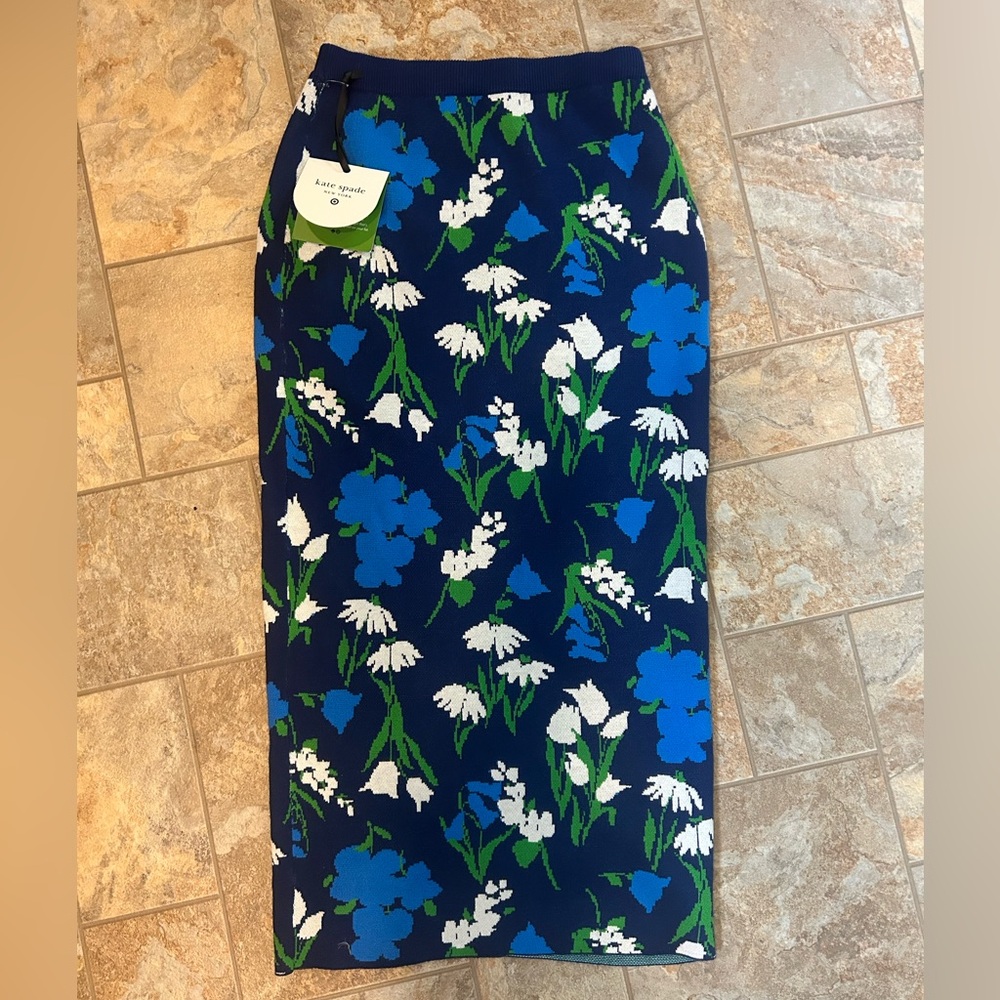 Kate Spade blue floral knit high rise midi pencil skirt